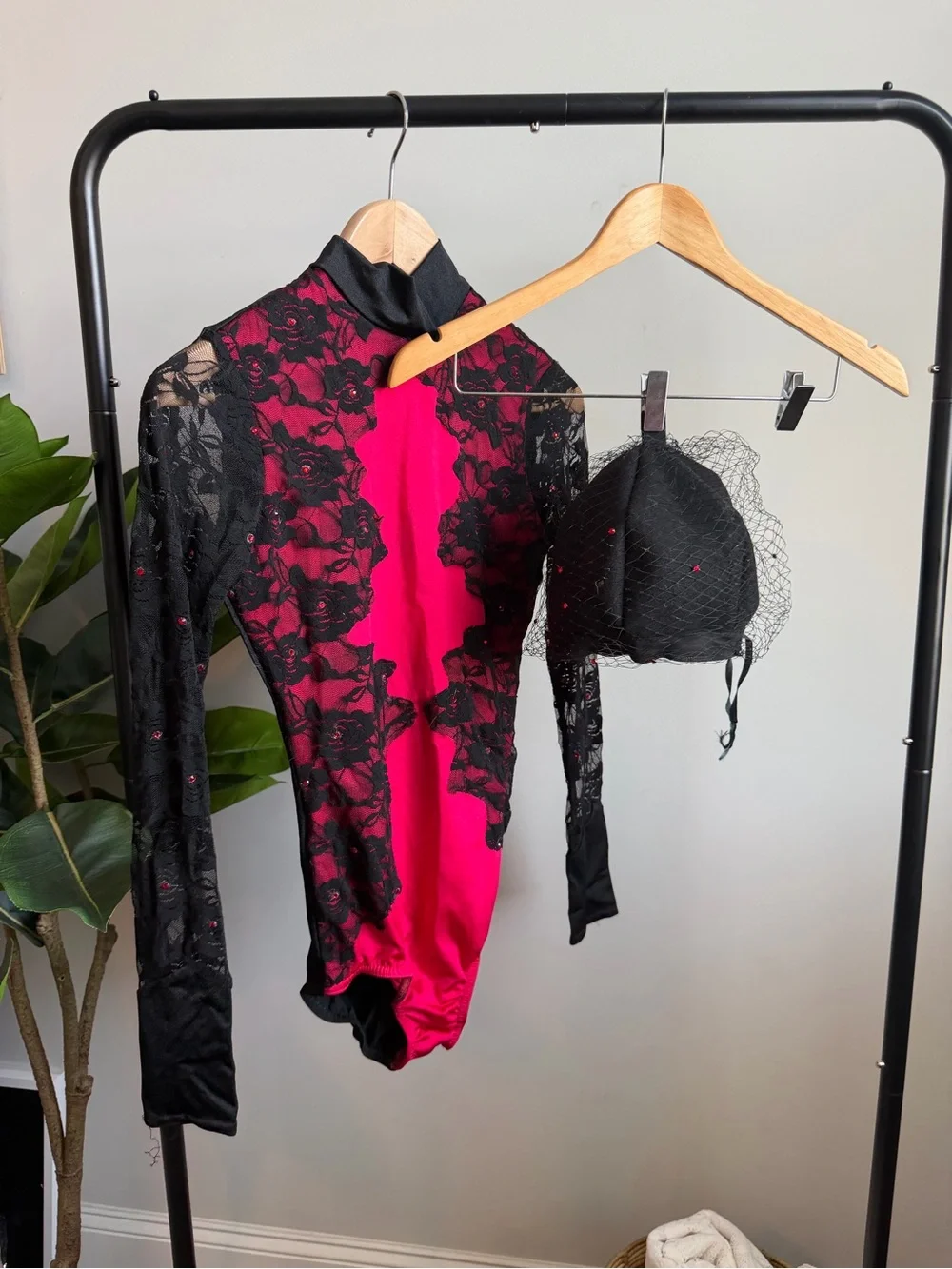 Black Lace Trim Bodysuit with Sheer Net Detail